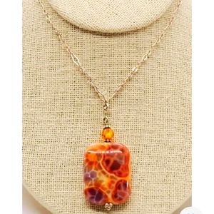 Fancy Carnelian Rect.  w/CZ Sterling Artisan  Necklace NWT